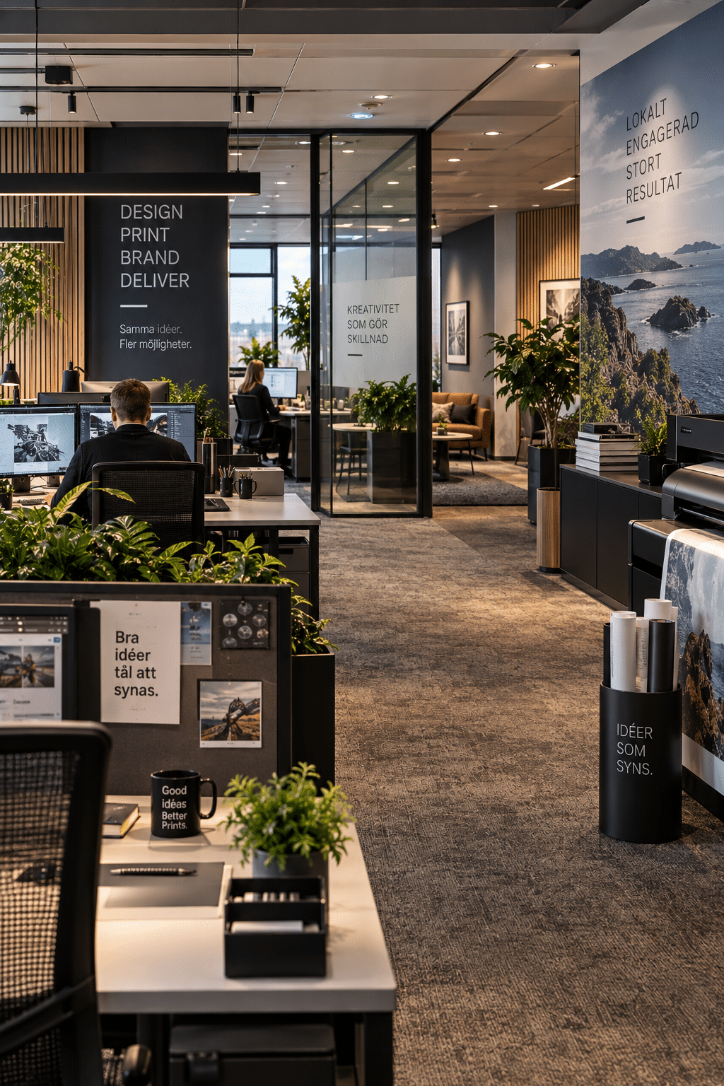 Kontorslandskap med skyltade glaspartier och informationsskyltar