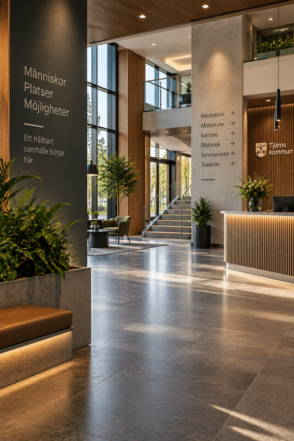 Entré i en fastighet med vägvisningsskylt och receptionsdisk