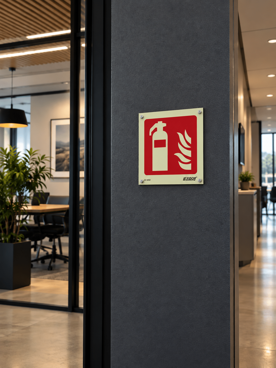 Efterlysande brandsläckarskylt uppsatt på en pelare i ett kontor