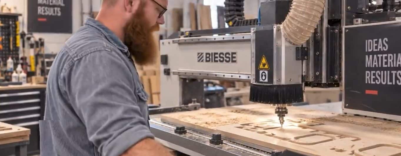 Skyltmakare vid en CNC-fräs som fräser skyltämnen i verkstaden