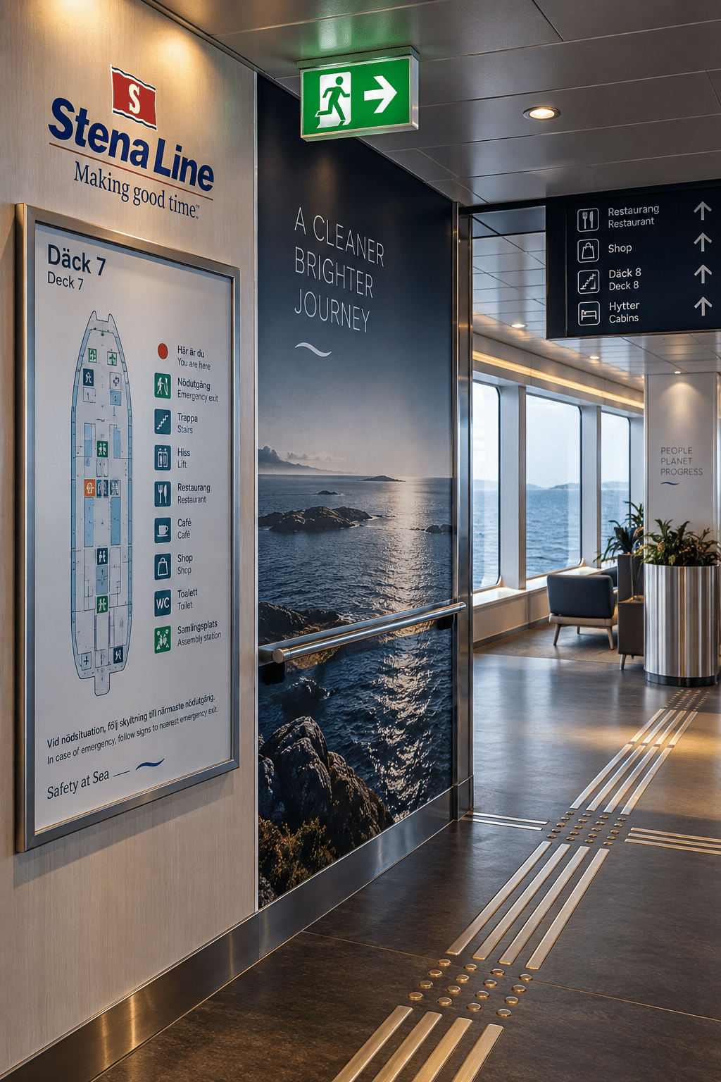 Skyltsystem ombord med däcksplan och vägvisning i Stena Lines profil